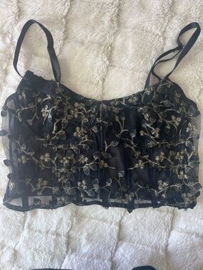 Black Floral Embroidered Sheer Cami Top